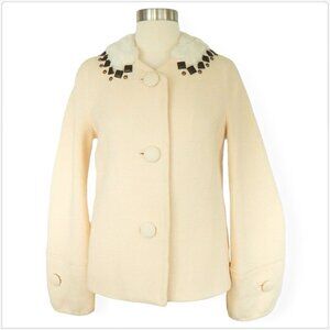 Rebecca Taylor Ivory White Fur Metal Studded Coat Jacket Vintage Style NEW NWT 4